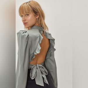 Nasty Gal Green Open Back Satin Blouse With Ruffles